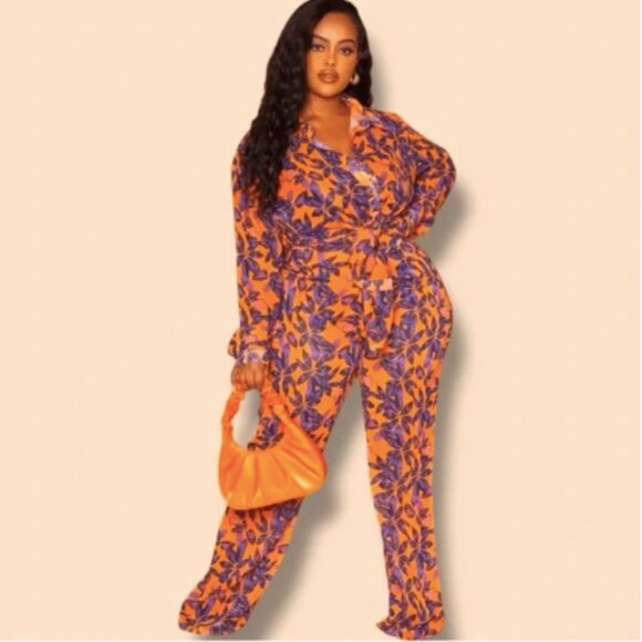 NWT PrettyLittleThing Plus Orange Print Beach Flares Pants Size 22 - Picture 1 of 8